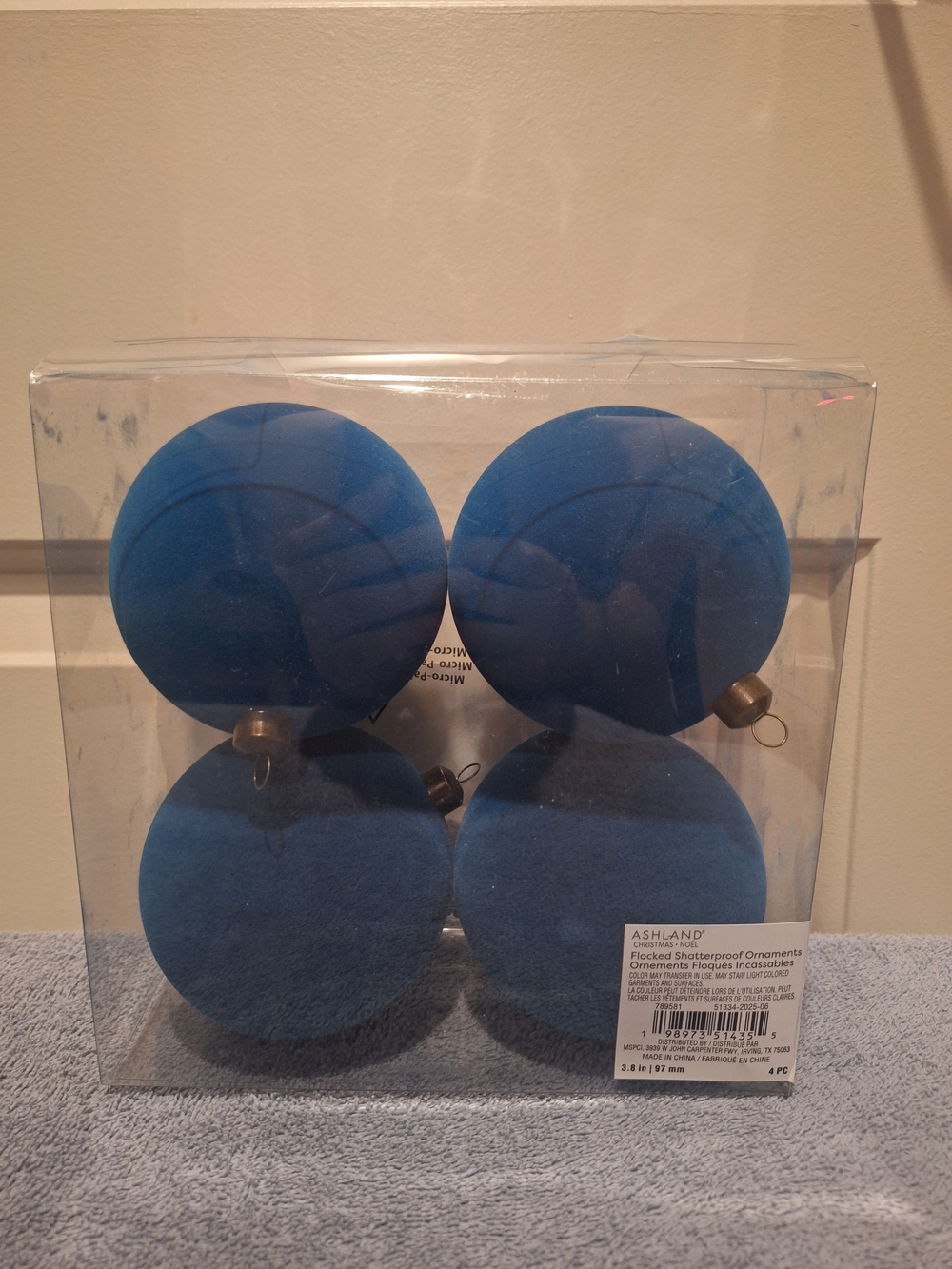 Blue Flocked Velvet Christmas Ornaments - Set of 4